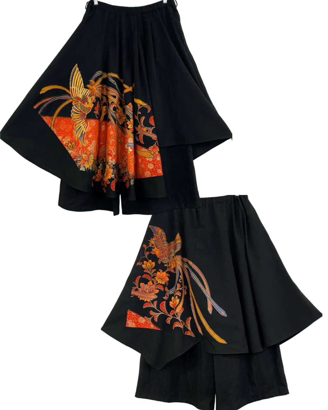 TATZU 黒留袖リメイク アシンメトリー ドレープレイヤード スカート＆パンツ / Remade Kurotomesode Asymmetric Draped Layered Skirt & Pants | Made to Order