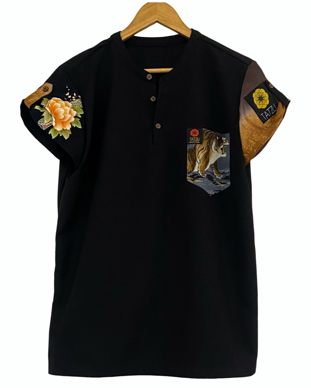 TATZU 着物リメイク ヘンリーネック Tシャツ / Remade Kimono Henry Neck TShirt