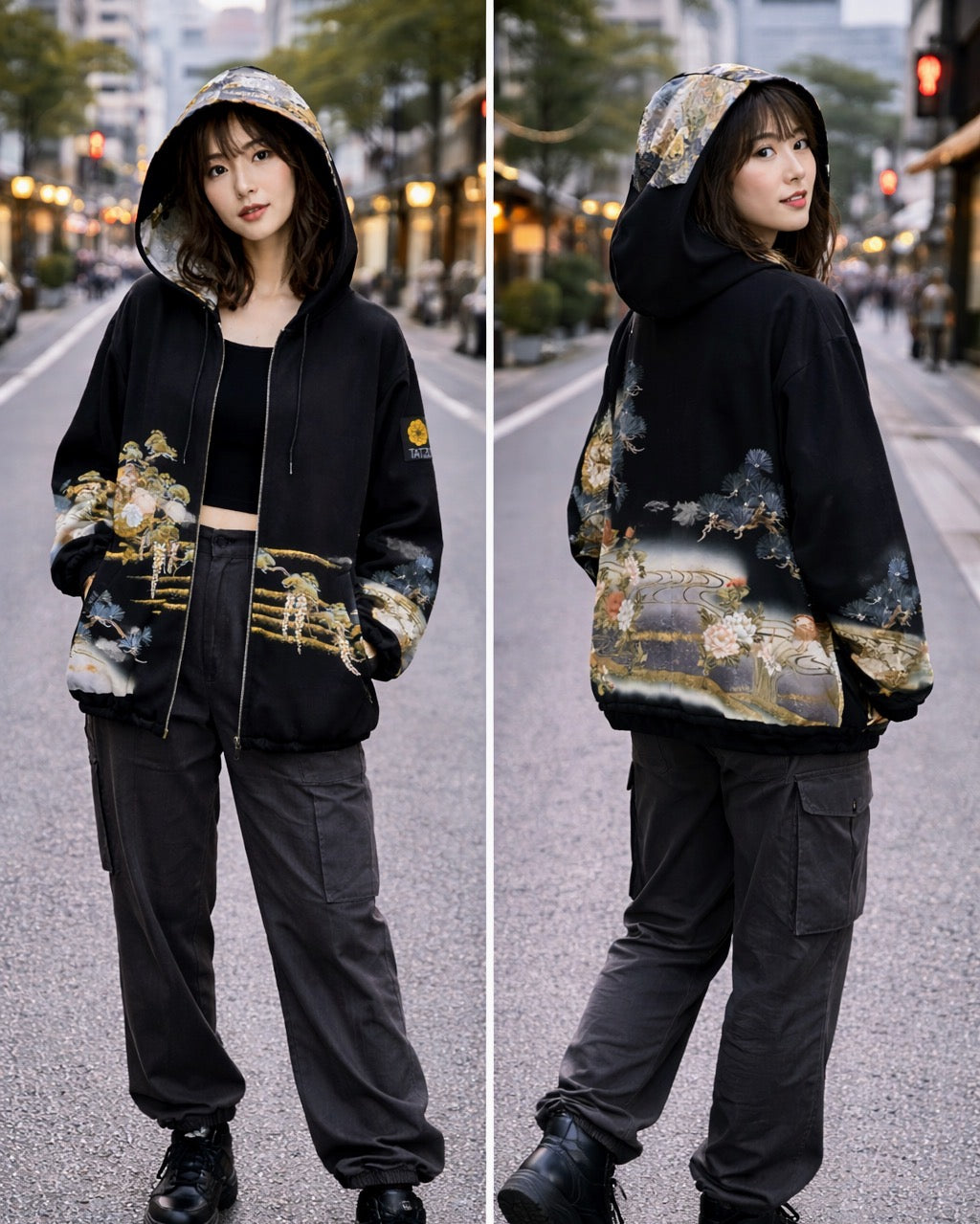 TATZU Remade Black Tomesode Kimono Zipper Hoodie｜Midnight Pine Reverie