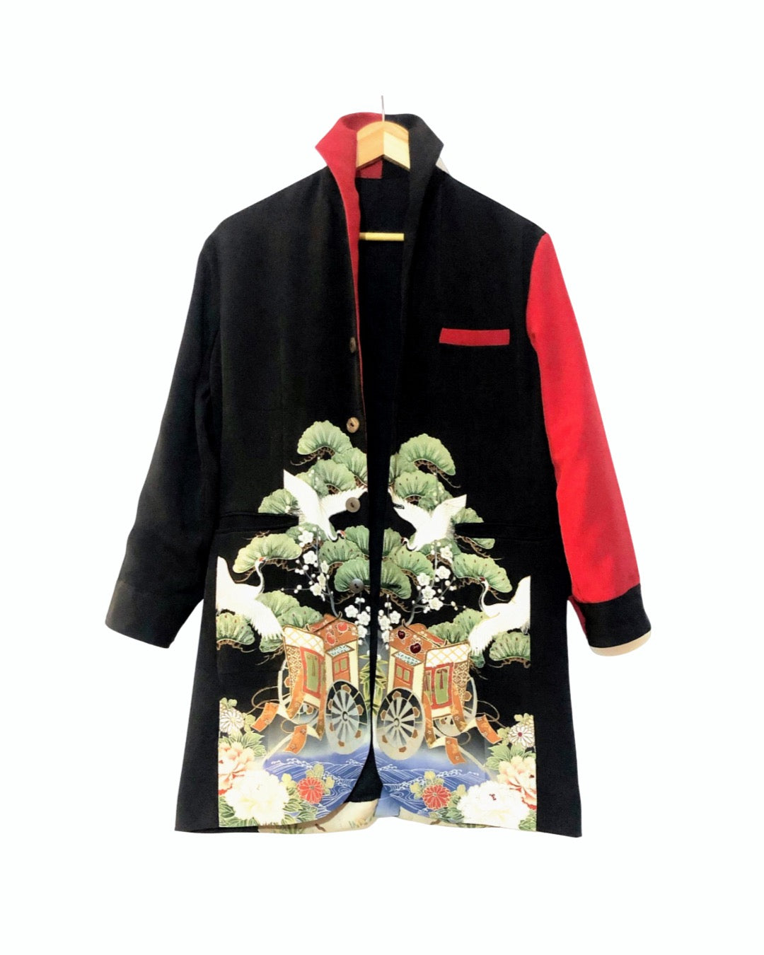 TATZU Remade Black Tomesode Kimono Stand Collar Bi-color Jacket｜Regal Crane Carriage