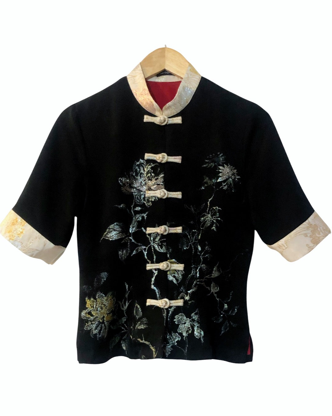 TATZU 着物リメイク スタンドカラー チャイニーズボタン シャツ｜Silver Nocturne Botanica / Remade Kimono Stand Collar Chinese Button Shirt