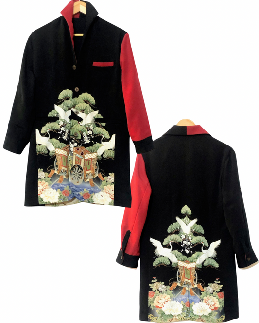 TATZU 黒留袖リメイク スタンドカラー バイカラー ジャケット｜Regal Crane Carriage / Remade Black Tomesode Kimono Stand Collar Bi-color Jacket