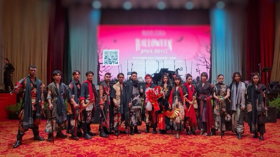 Runway scene from the 2025 Art × Music Fusion show featuring models in Neo Samurai kimono remake designs.