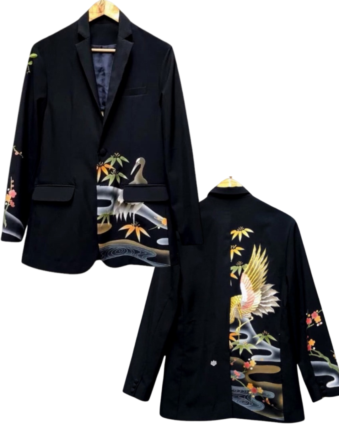 Phoenix cape and wide pants set showcasing traditional Japanese craftsmanship.