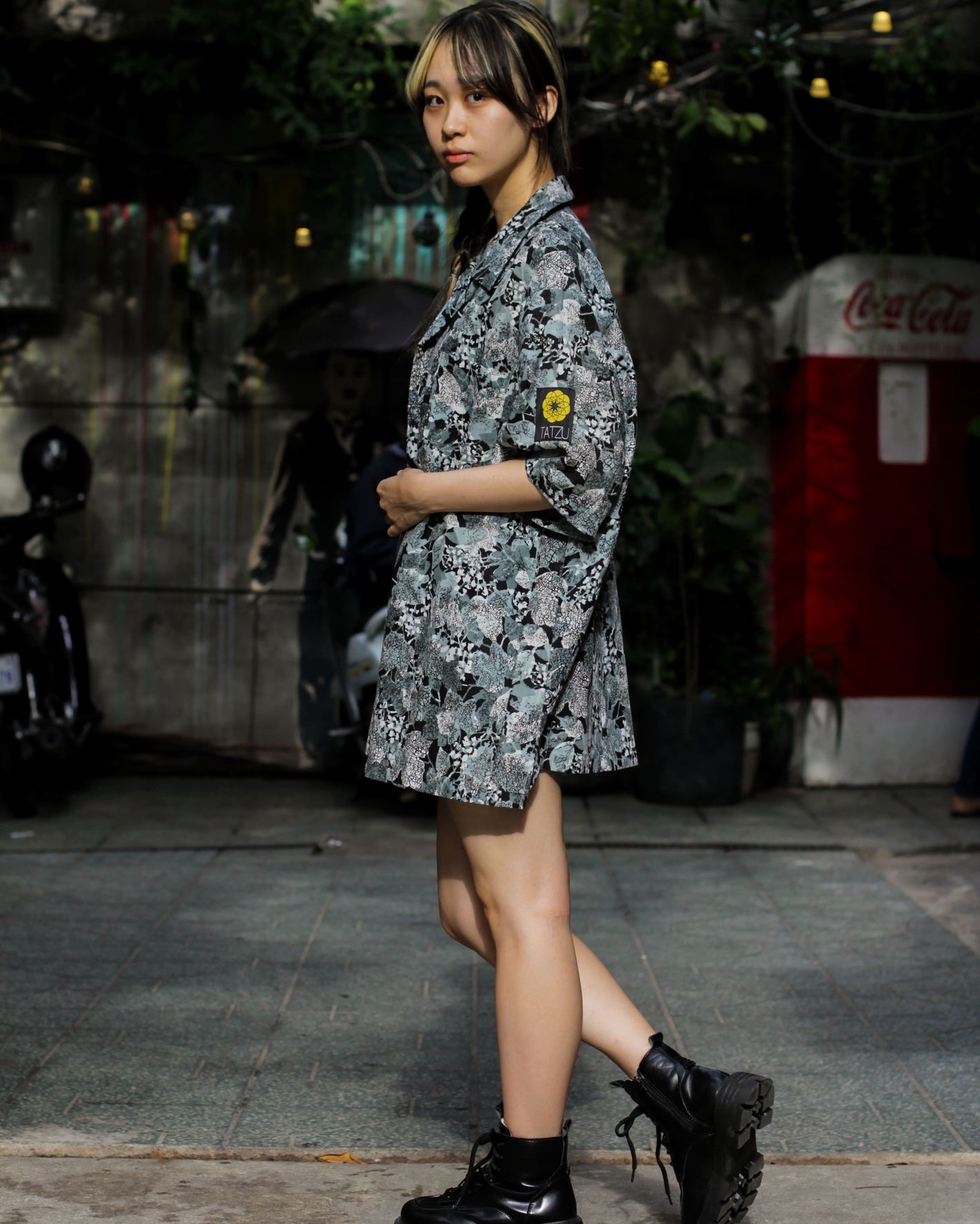 Customer street-style photo wearing a floral kimono remake jacket.