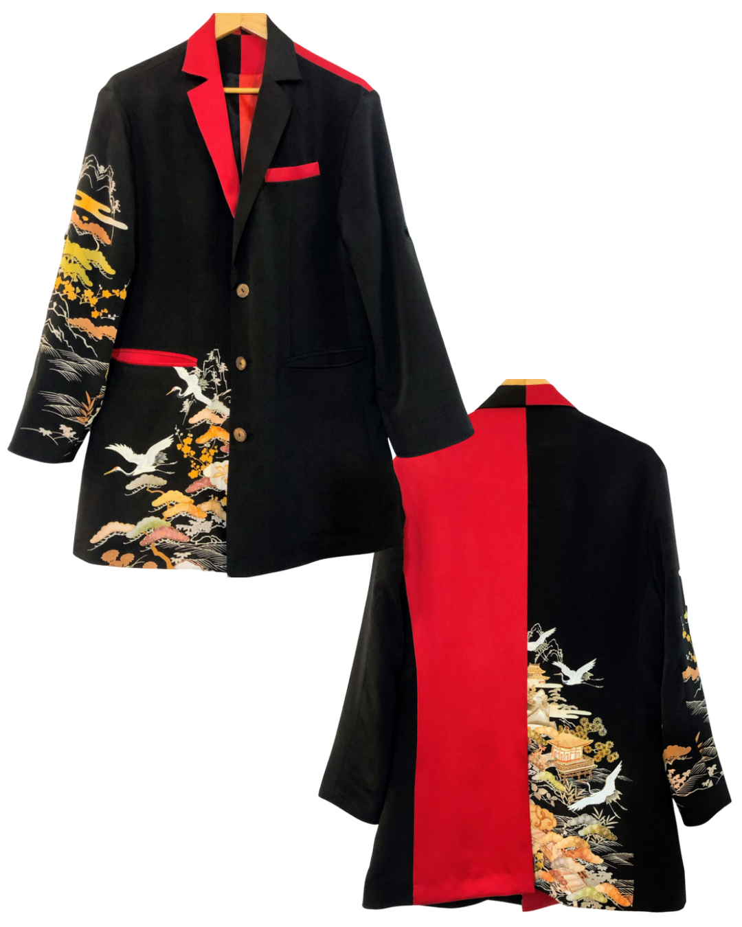 Modern jacket created from vintage obi textiles with bold geometric patterns.