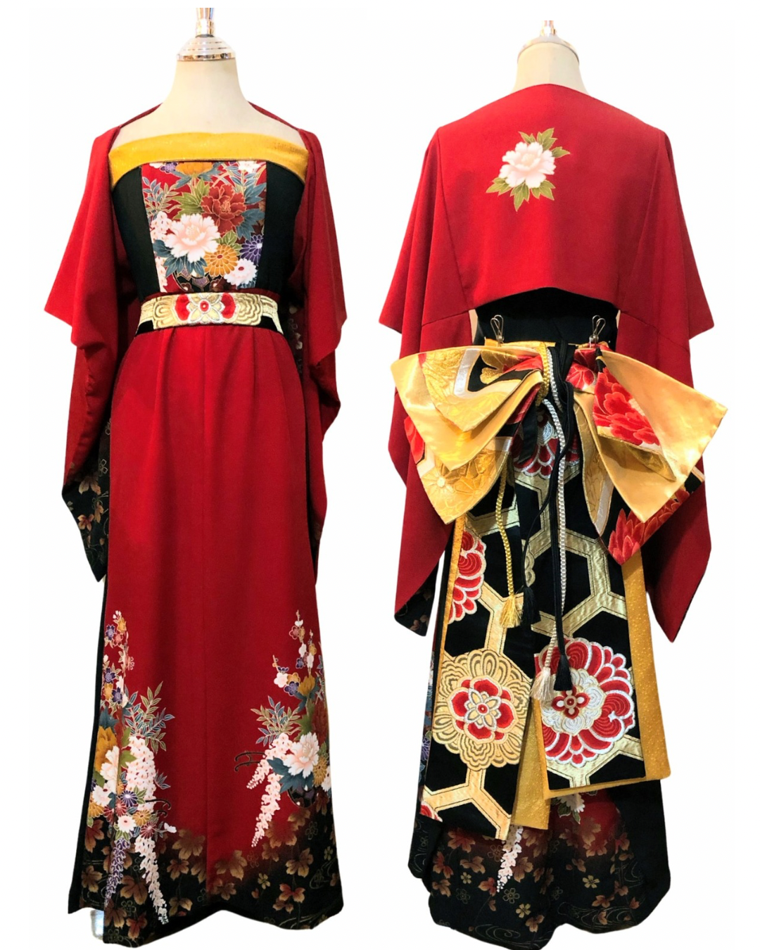 Iconic TATZU kimono remake dress featuring detailed gold thread embroidery.