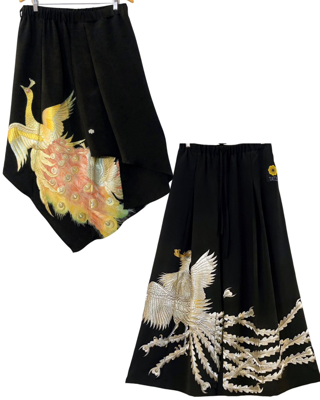 Signature TATZU phoenix embroidery wide pants made from vintage kimono.